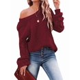 thumbnail image 3 of Women Fall Sweaters Crochet Long Sleeve Off the Shoulder Clothes Cute Crewneck Knit Pullover Tops Wine Red XXL, 3 of 8
