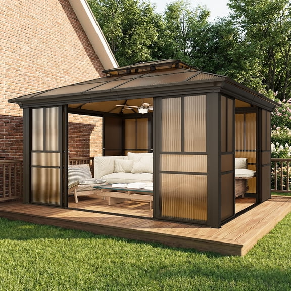 Hommow 12' x 14' Solarium Sunroom, Outdoor Hardtop Polycarbonate Roof Sun Room, Aluminum Frame Tiny House with Lockable Sliding Doors