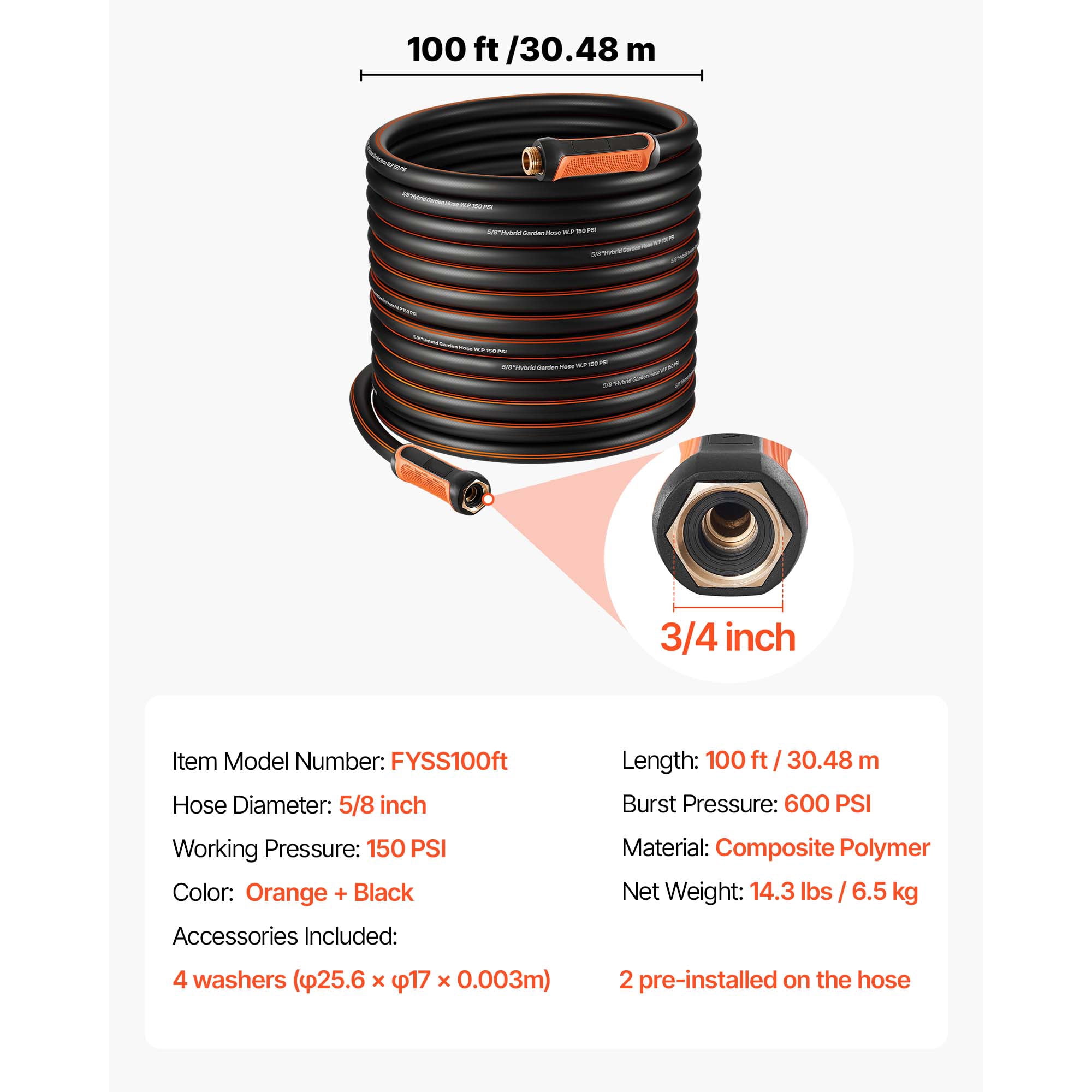 KFFKFF Durable 100 ft 5/8" Rubber Garden Hose, 4-Layer Design with 150PSI Working Pressure & 600PSI Burst Strength, Flexible Non-Kink Outdoor Water Hose with 3/4" Fittings, Lightweight Option
