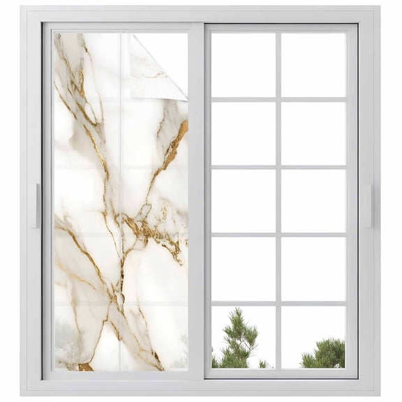 Abstract Window Privacy Film White Marble Pattern Gold Crack Texture Minimalism Decorative Glass Window Film UV Blocking Static Cling Non-Adhesive Sticker Covering for Home Door 29.5 x 78.7 inches