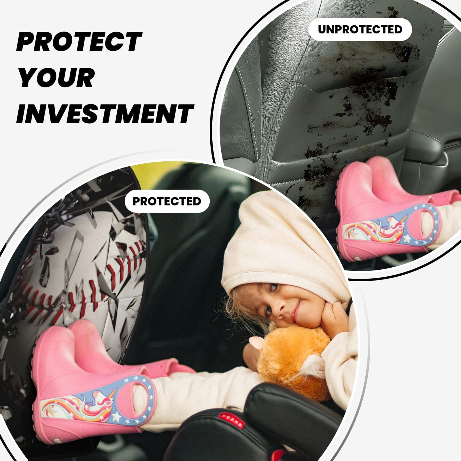 Kdxio Baseball Breaking Glass Print 2 Pack Car Kick Mat Seat Cover Back Protector Mat with Pockets for Organizer Backseat Protector and Storage Anti Kick Pad for Vehicles