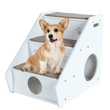 PETSFIT Solid Wooden 3-Steps Dog Stairs,Pet Stairs for Small Dogs to Get on Bed,Easy to Assemble,150 Ibs Limt,White