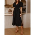 thumbnail image 3 of Faithtur Robe Longue Décontractée d'Été pour Femmes Couleur Unie Froncée Col en V Manches Courtes Mode Plage Vacances, 3 of 7