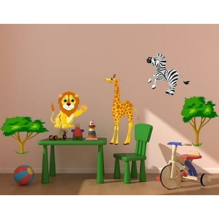 Jungle Animals Kids Set with Lio, Giraffe and Zebra Wall Decal - wall print decal, sticker, mural vinyl art home decor - DS 678 - 12in x 8in