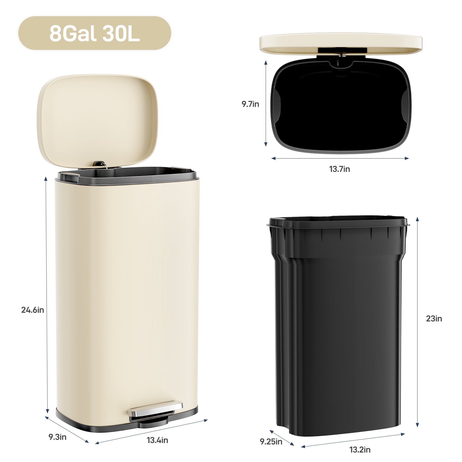 TLSUNNY 8 Gallon Kitchen Trash Can, Stainless Steel Step Garbage Bin with Pedal & Inner Bucket, Soft Close Lid