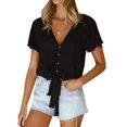 thumbnail image 1 of Women Buttons Down V Neck Short Sleeve Knotted Solid Color Shirt, 1 of 5