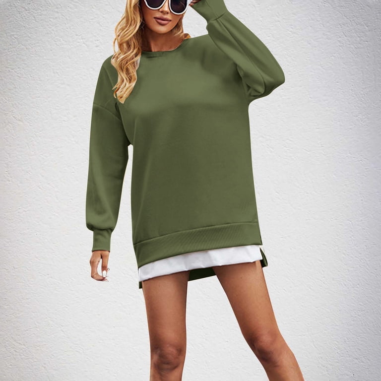 Yuaqua Women's Sweatshirt Dress Long Sleeve Crewneck Pullover Side Zipper  High Low Hem Tunic Mini Dresses Casual Short Dress(Gray,Large)