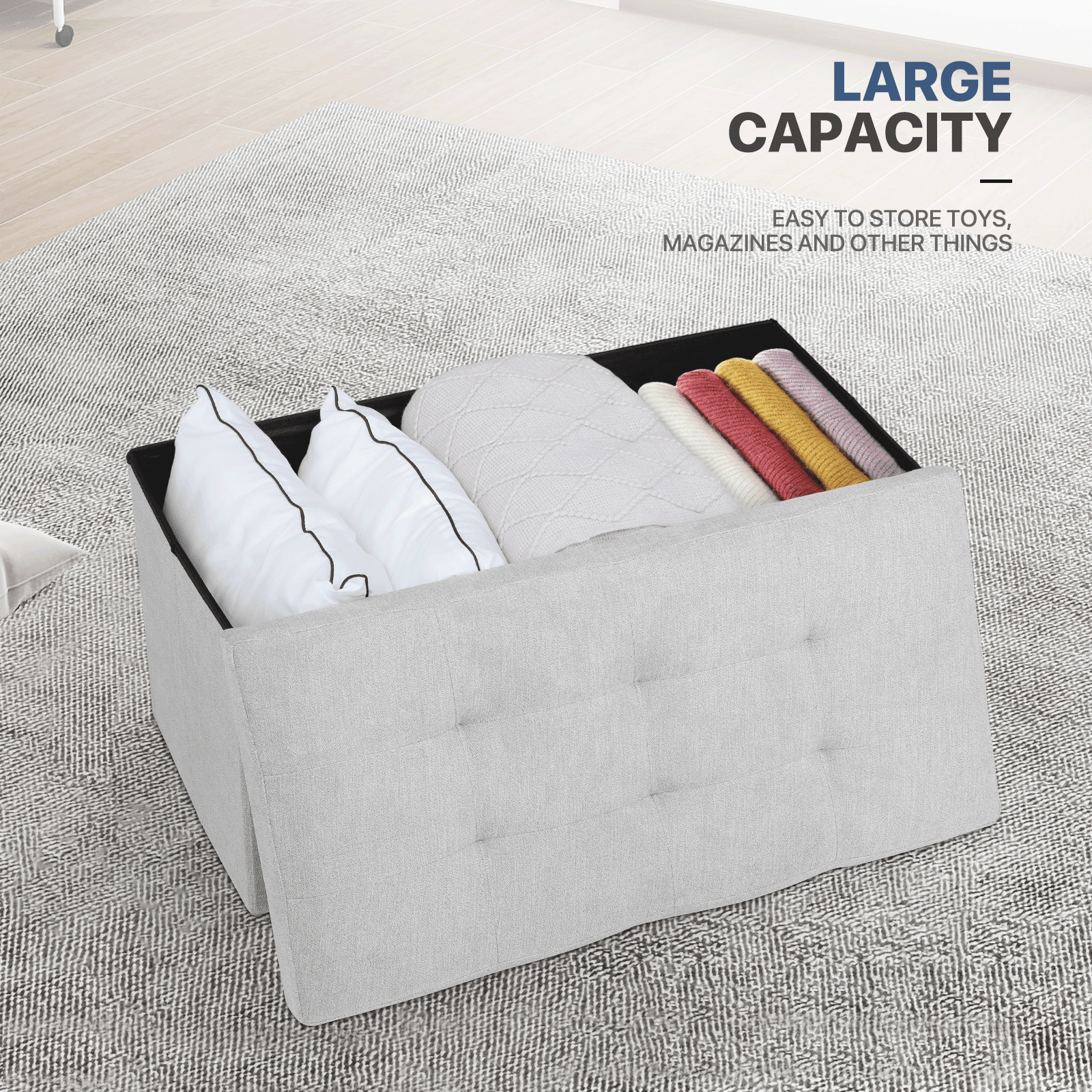 MoNiBloom 30" Folding Storage Ottoman Bench, Cotton-linen Collapsible Footrest Ottoman with Storage, for Living Room Bedroom Entryway, Light Gray