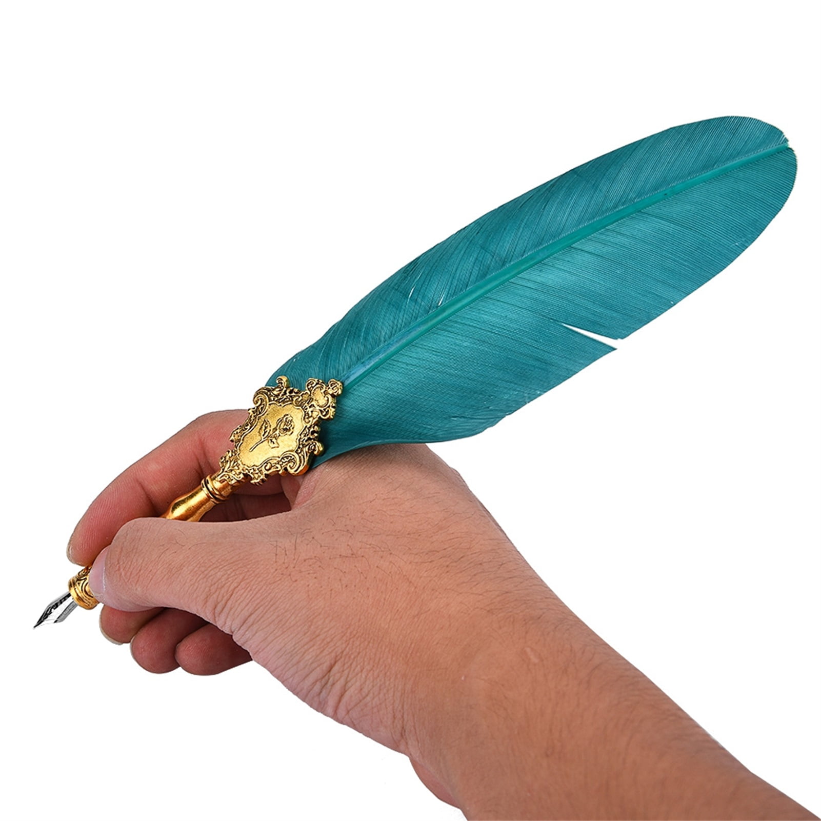 BIMZUC Retro Classical European Style Calligraphy Feather Dip Writing Fountain Pen Set with Empty Ink Bottle and Elegant Gift Box, Green, 9.45 inches / 24 cm Length, 1 Count