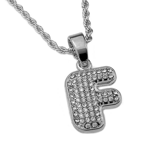 Micro Letter F Rope Chain Bling Initial Pendant Silver Tone Hip Hop Necklace 24" Inch