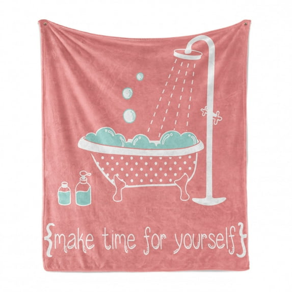 Coral Soft Flannel Fleece Blanket, Clawfoot Tub with Inspirational Make Time for Yourself Therapy Theme Print, Cozy Plush for Indoor and Outdoor Use, 50" x 60", Coral and Turquoise, by Ambesonne