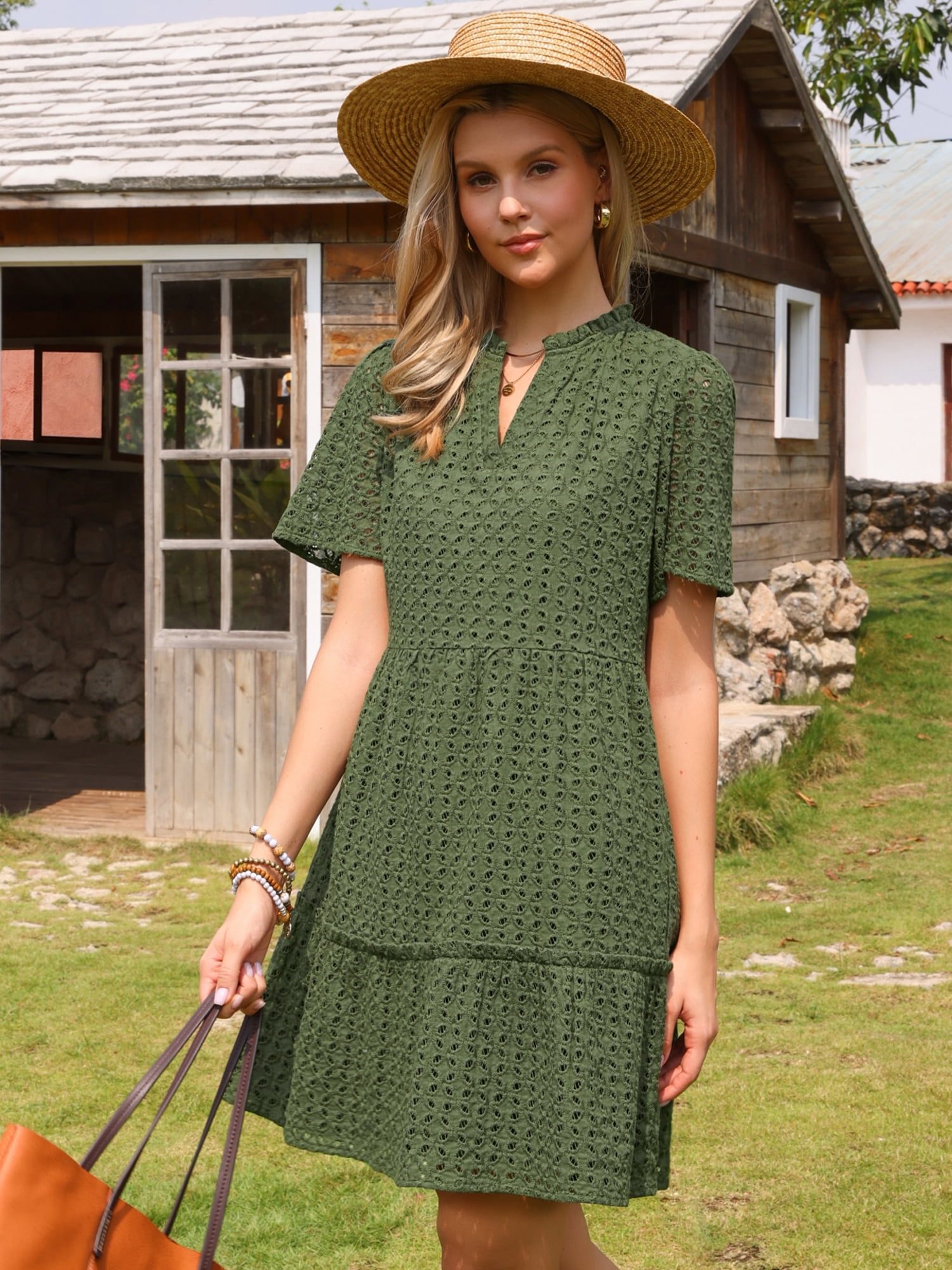 DARING DIVA Women's Eyelet Short Sleeve V Neck Hollow Out Mini Dresses M Army Green