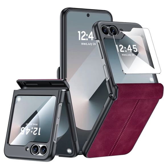 Oupeigar para Samsung Galaxy Z Flip 6 Funda de Teléfono con Protección de Bisagra y Protección de Pantalla, Cubierta de Cuero Ultradelgada a Prueba de Golpes - Rojo