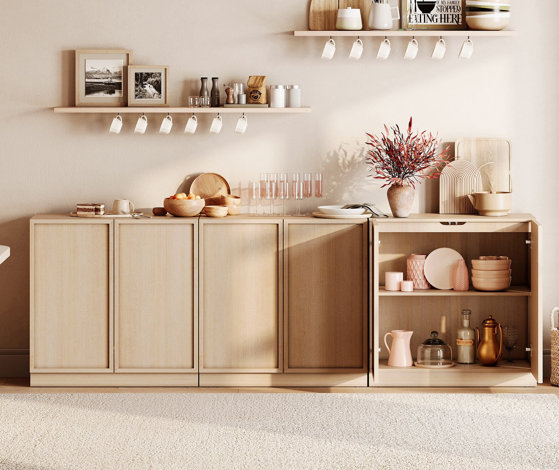 94.5" Modern Sideboard Buffet Cabinet with 6 Doors, Multifunctional Sideboard with Large Storage and Adjustable Shelf, Beige