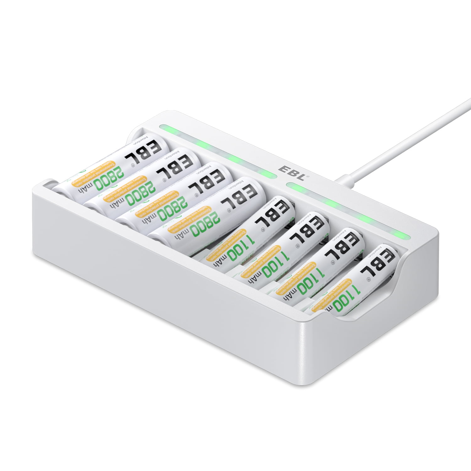 EBL (4 Pack) Rechargeable AA Batteries 2800mAh and (4 Pack) AAA Ni-MH 1100mAh Rechargeable Batteries with 8-Bay Individual Battery Charger