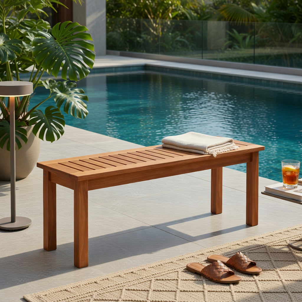 Hommoo Wood Outdoor Patio Bench for 2 People, Backless Slatted Garden Bench with Reinforced Frame, Easy 5-Minute Assembly, Perfect for Porch, Deck & Backyard, Natural
