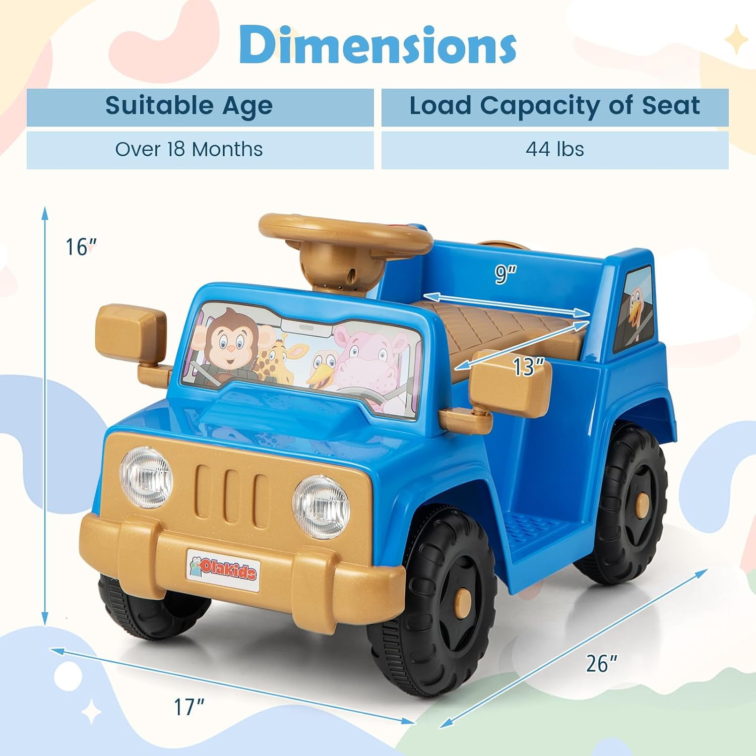 OLAKIDS Ride on Car, 6V Toddler Electric Vehicle with Storage Tire, Horn, Charger, Battery Powered Motorized Quad Riding Toys for 18+ Months Boys Girls