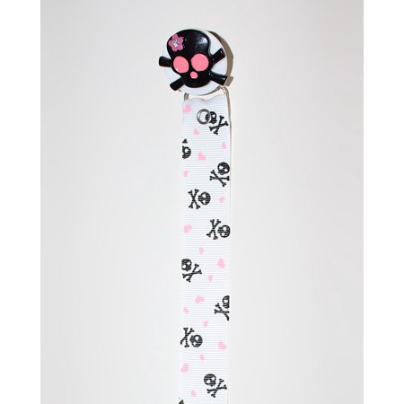 Black & Pink Skull Crossbone Pacifier Clip with Matching Ribbon