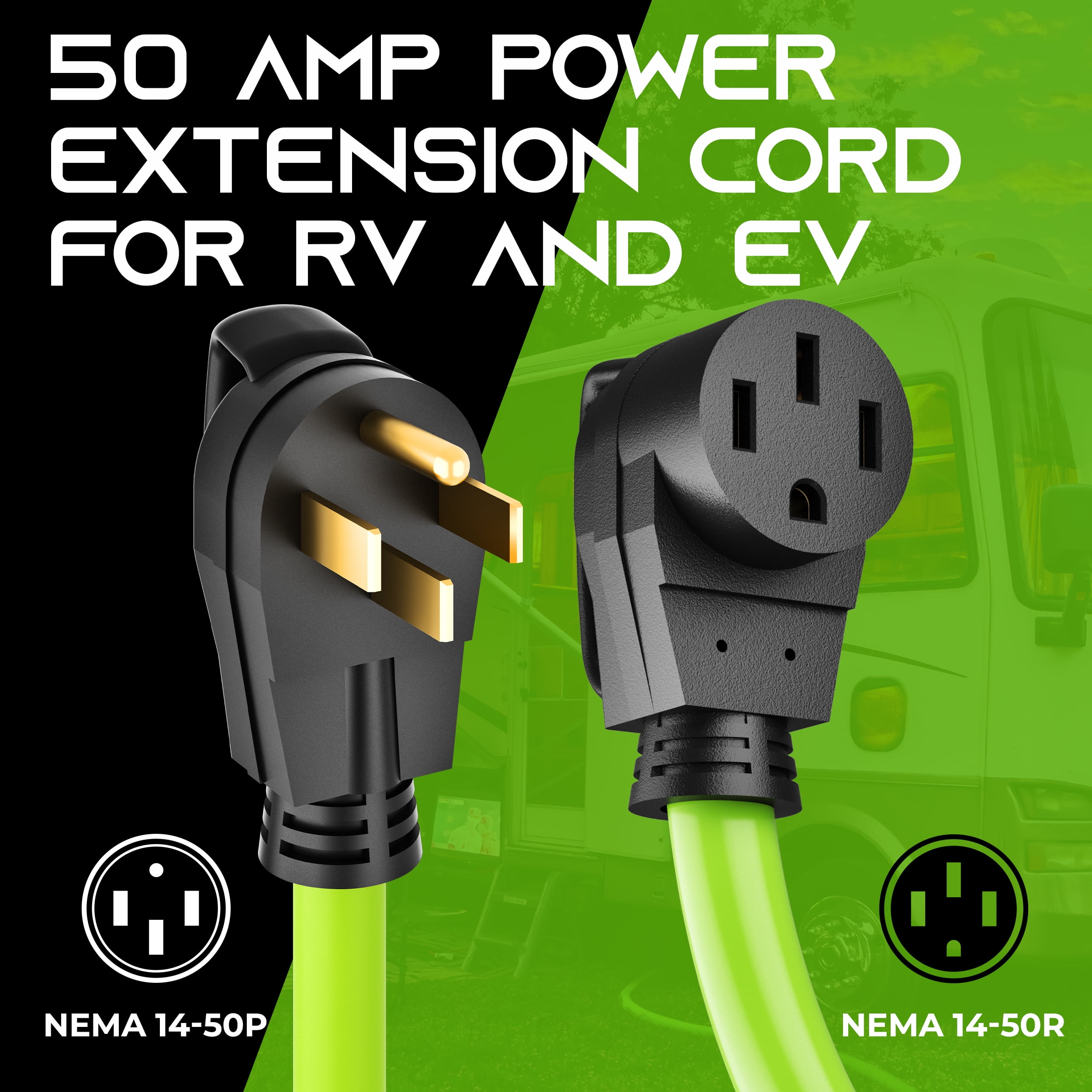 GearIT 50-Amp Extension Cord for RV and EV (10 ft) 4-Prong 250-Volt, Tesla Model 3/S/X/Y, NEMA 14-50P to 14-50R 6/3, 8/1 STW AWG Gauge Outdoor Auto Power Cord - 10 Feet
