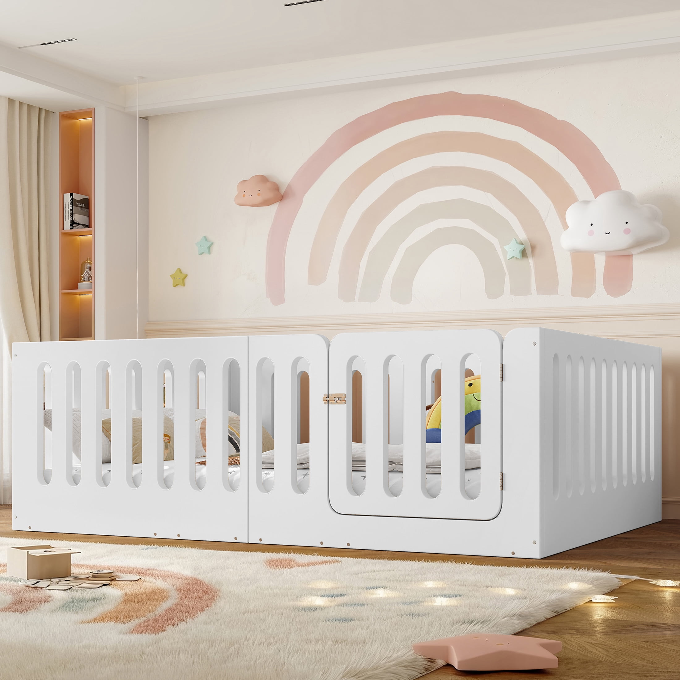 GDF Studio Full Size Montessori Floor Bed with High Guardrails & Door, Low-Profile Design, White