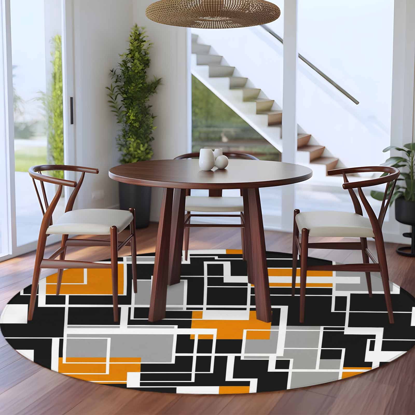 Burnt Orange Black Geometric Round Area Rug 8Ft Washable Large Circle Rugs for Living Room Dorm, Modern Color Block Abstract Non-Slip Carpet Floor Mats Indoor Outdoor Carpet Runner Home Decor