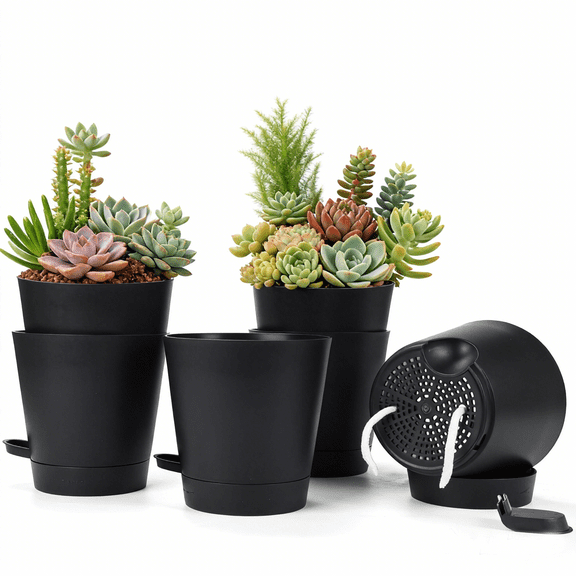8 Inch Self Watering Plant Pots Set of 6, Plastic Planters with Drainage Holes and Saucers, Flower Pots for Indoor Outdoor Garden Plants, Black