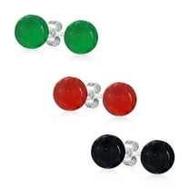 Bling Jewelry Womens Set of 3 10MM Natural Green Aventurine Red Coral Black Onyx Ball Earrings Silver