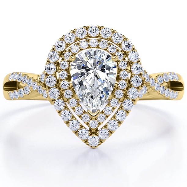 JeenMata Anillo de Compromiso con Halo Doble, Cuerpo Retorcido Infinito, Moissanita en Forma de Pera de 1,75 Quilates, Chapado en Oro Amarillo de 18 K sobre Plata