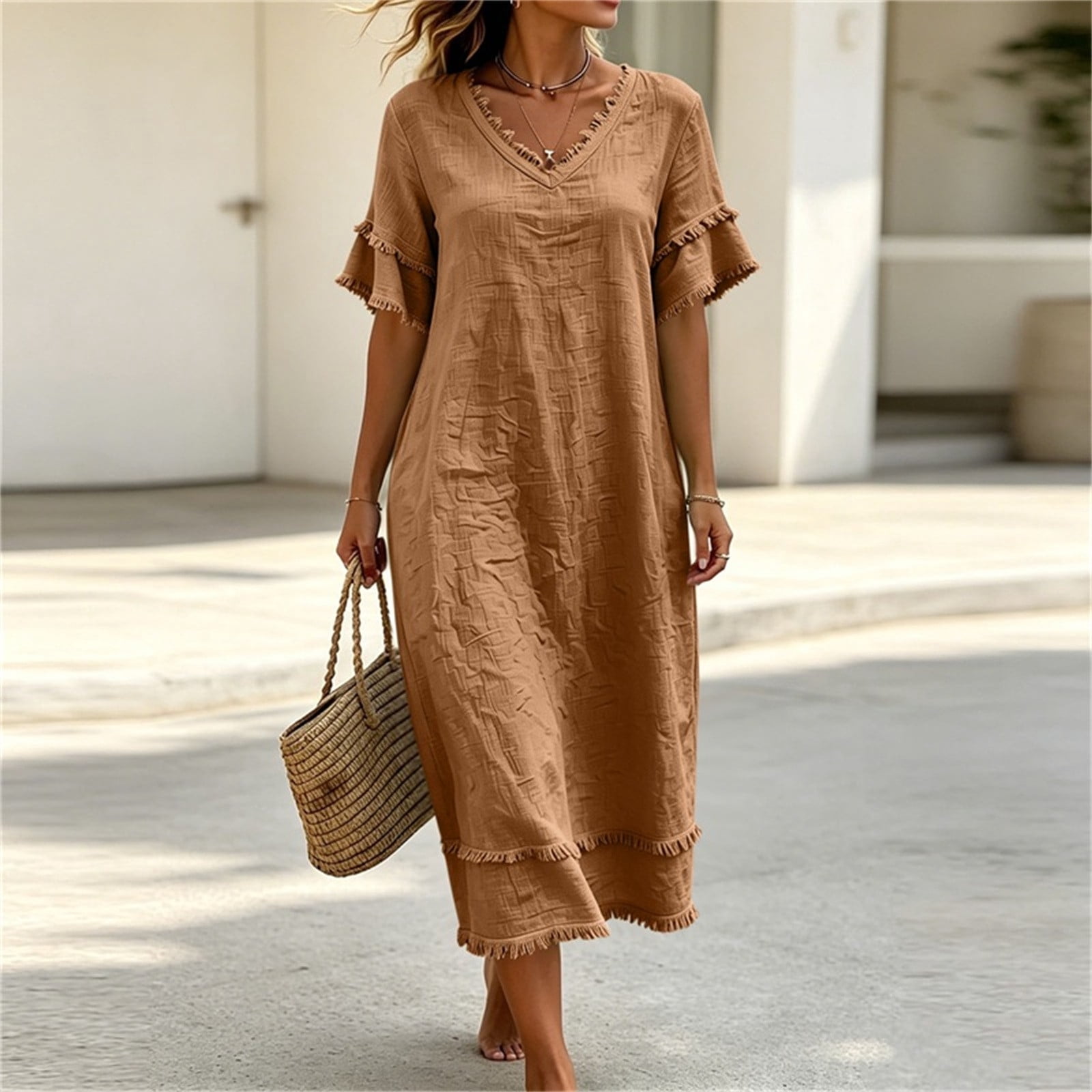 brown summer dress with sleeves Casual Vacation Lantern Sleeve Slit Dress Maxi Women Maxi Dress Brown at Amazon Women's Clothing store