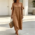 thumbnail image 7 of Vivianyo HD Women's V-Neck Fringe Trim Maxi Dress, Short Ruffle Fringe Sleeve Solid Linen Blend Loose Casual Summer Dresses for Women Vacation, Women's Khaki, Sizes S-2XL, 7 of 7