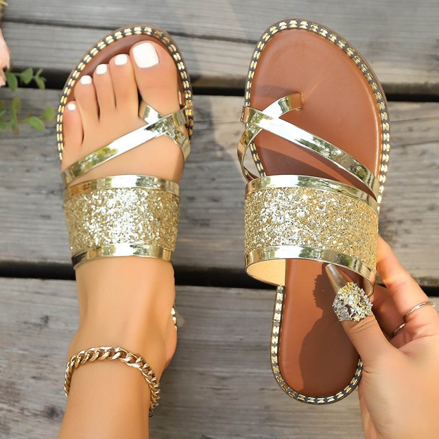 Hoshose Nouvelles Sandales Plates pour Femmes Bout Rond Strass Habillées Confortables Été Décontractées Sandales de Plage pour Femmes