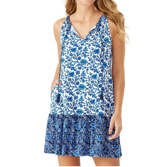 Tommy Bahama Women's Woodblock Blossoms Split-Neck Dress, Mare Navy, XX-Small