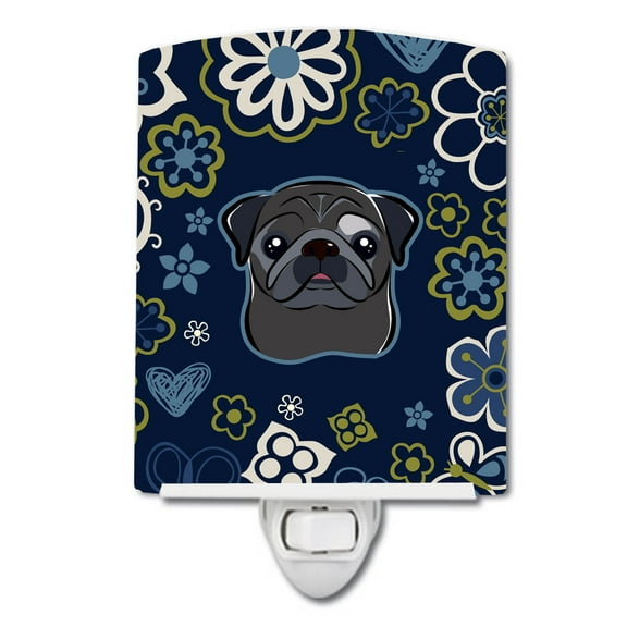 Caroline's Treasures BB5114CNL Blue Flowers Black Pug Ceramic Night Light, 6x4x3", multicolor
