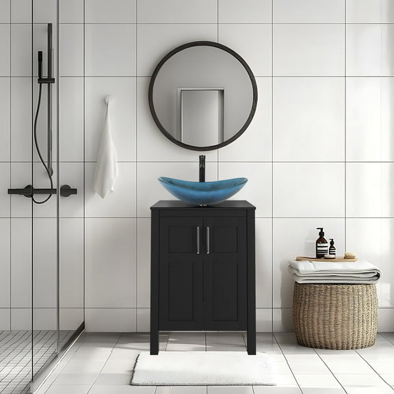 ELECWISH 24-Inch Bathroom Vanity in Black with Blue Vessel Sink Set, Modern Stand Pedestal Cabinet with Glass Sink Set