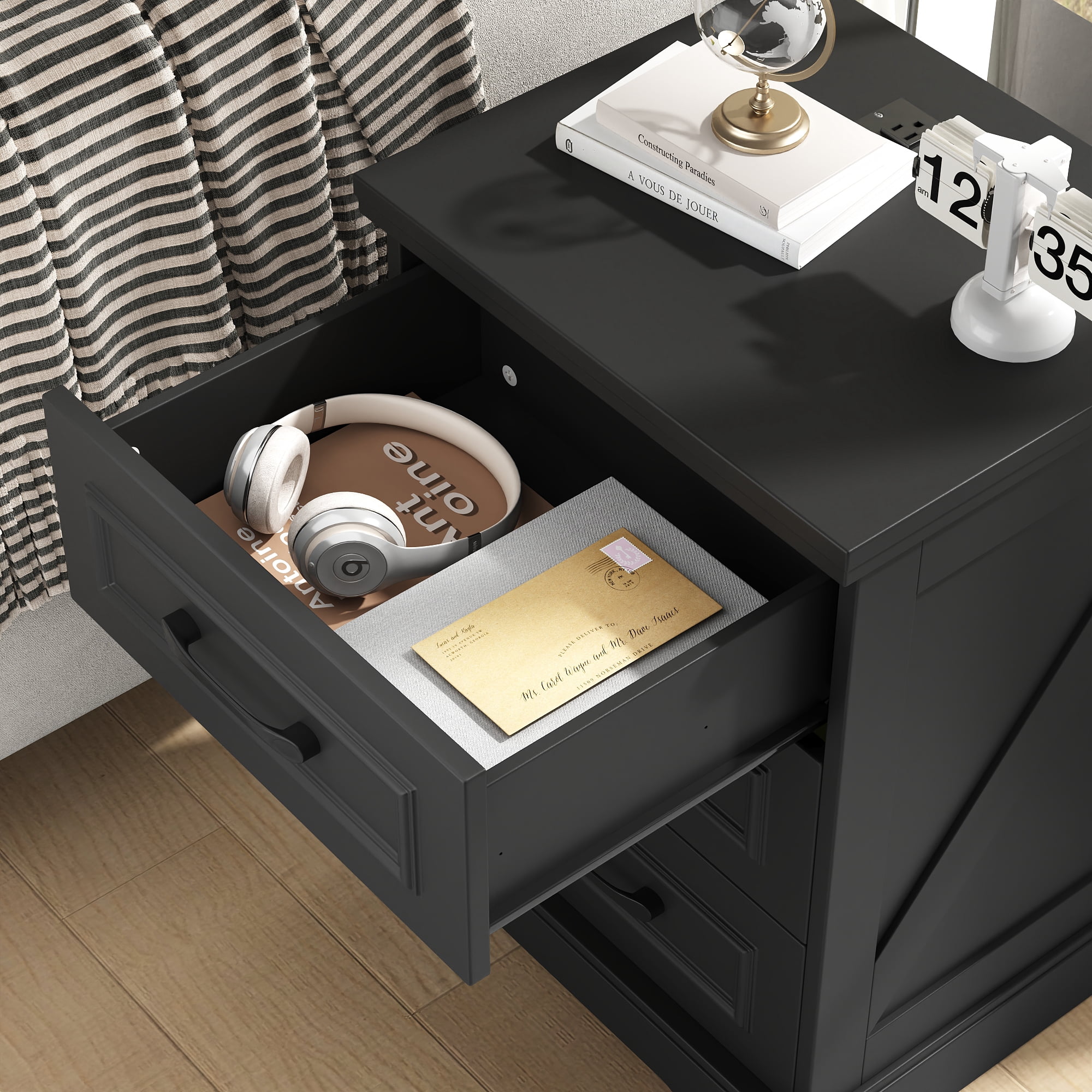 IDEALSOUL Nightstand for bedroom, Black Farmhouse End Table with Charging Station,3 Drawers Storage