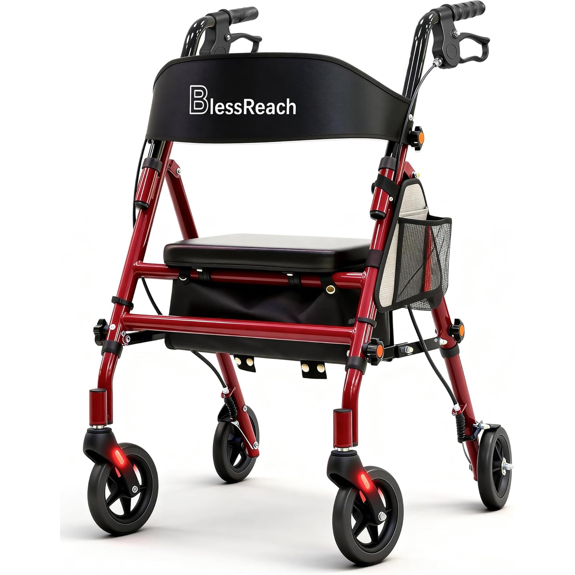 Lightweight Foldable Rollator Walkers with Seat for Seniors, 350 lb Capacity, 5-Position Adjustable Height, Premium Hybrid Rolling Walker - Aluminum and Carbon Steel (Red)