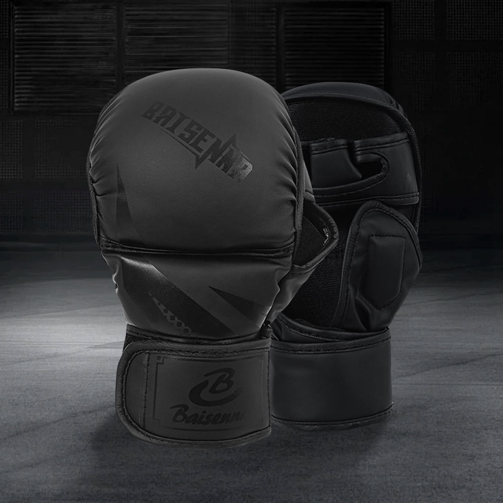 Half Finger Boxing Gloves Thickened Heavy Punching Bag Gloves Exercise Training PU Leather Sponge Gym Mitts Gloves(Children Black)