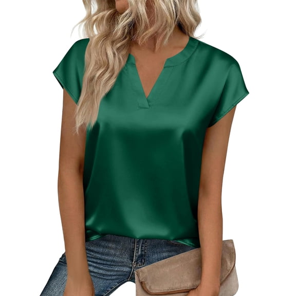 Satingcolo Womens Shirts Silk Satin Blouses V Neck Summer Shirts Cap Sleeve Business Casual Dressy Spring Summer Clothing Dark Green XL