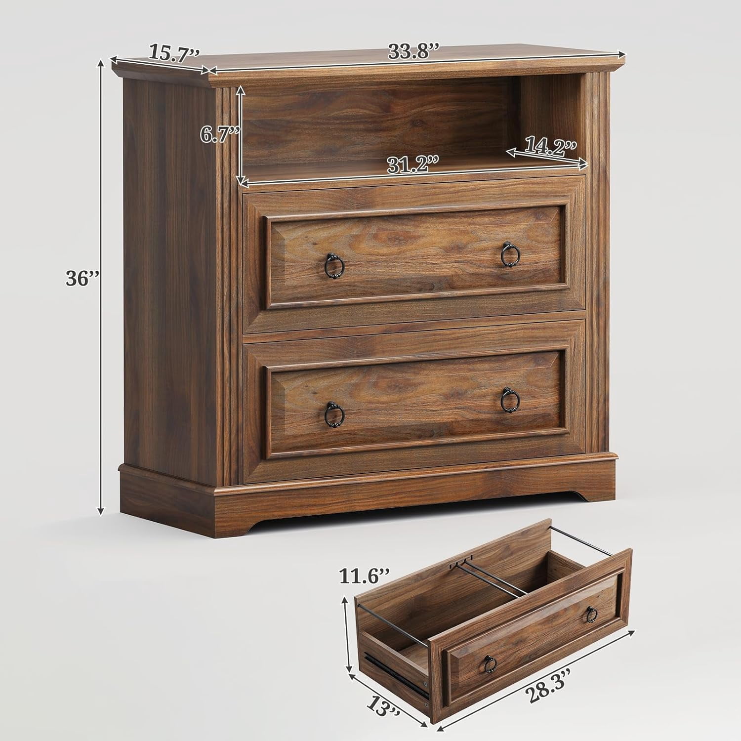 2 Drawer File Cabinet, Farmhouse Filing Cabinet for Home Office Fits Letter, Legal, A4 Size, Wood Lateral File Cabinet with Printer Stand, Storage Shelf, Brown