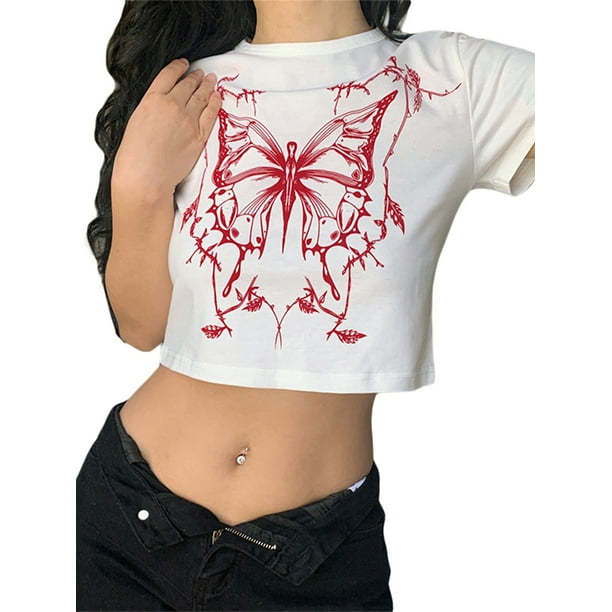 Sunloudy, camisetas de manga corta para mujer, estampado de mariposas, Tops cortos casuales de verano con cuello redondo para ropa de calle Sunloudy moda