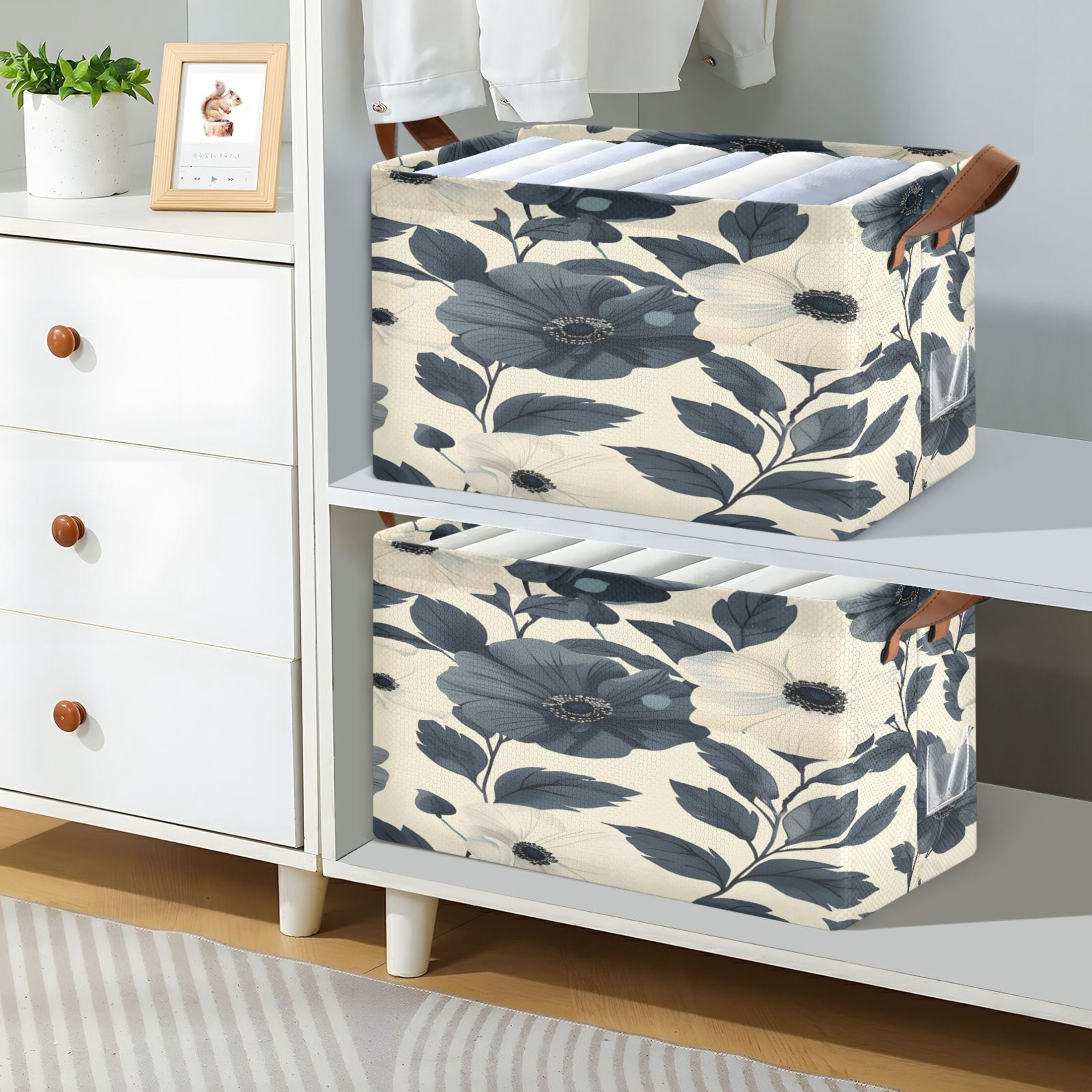 Ryvnso Black Peony Flower Storage Bins Large Basket Foldable Cube Toys Organizer with Handles 2 PCs