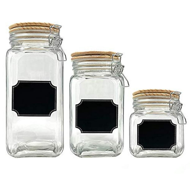 Glass Canister Jars with Airtight Wood Lid and Chalkboard Labels, Set of 3 Clear Containers for Farmhouse Kitchen Countertop and Pantry Food Storage ...