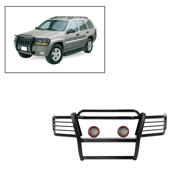 Black Horse Grille brush Bumper Guard Modular Black Come With Pair of 5.3" Dia.LED Lights with Red Trim Rings Compatible with 1999-2004 Jeep Grand Cherokee-17EB26MA-PLFR