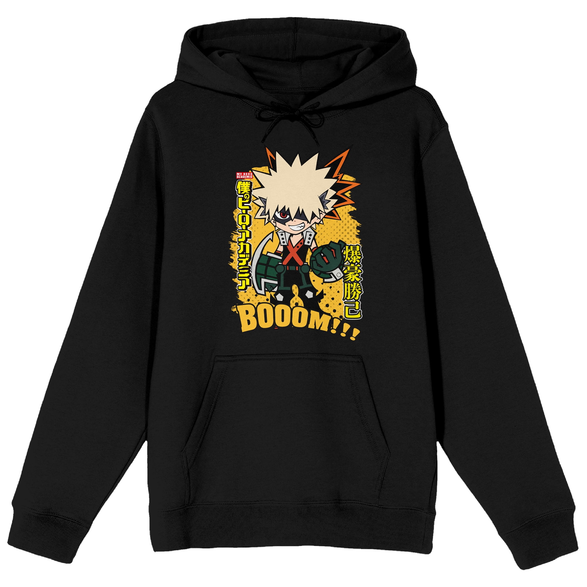 My Hero Academia: Season 1 Katsuki Bakugo chibi boom!!! font text logo vertical and kanji name on Black Adult Hoodie-Medium