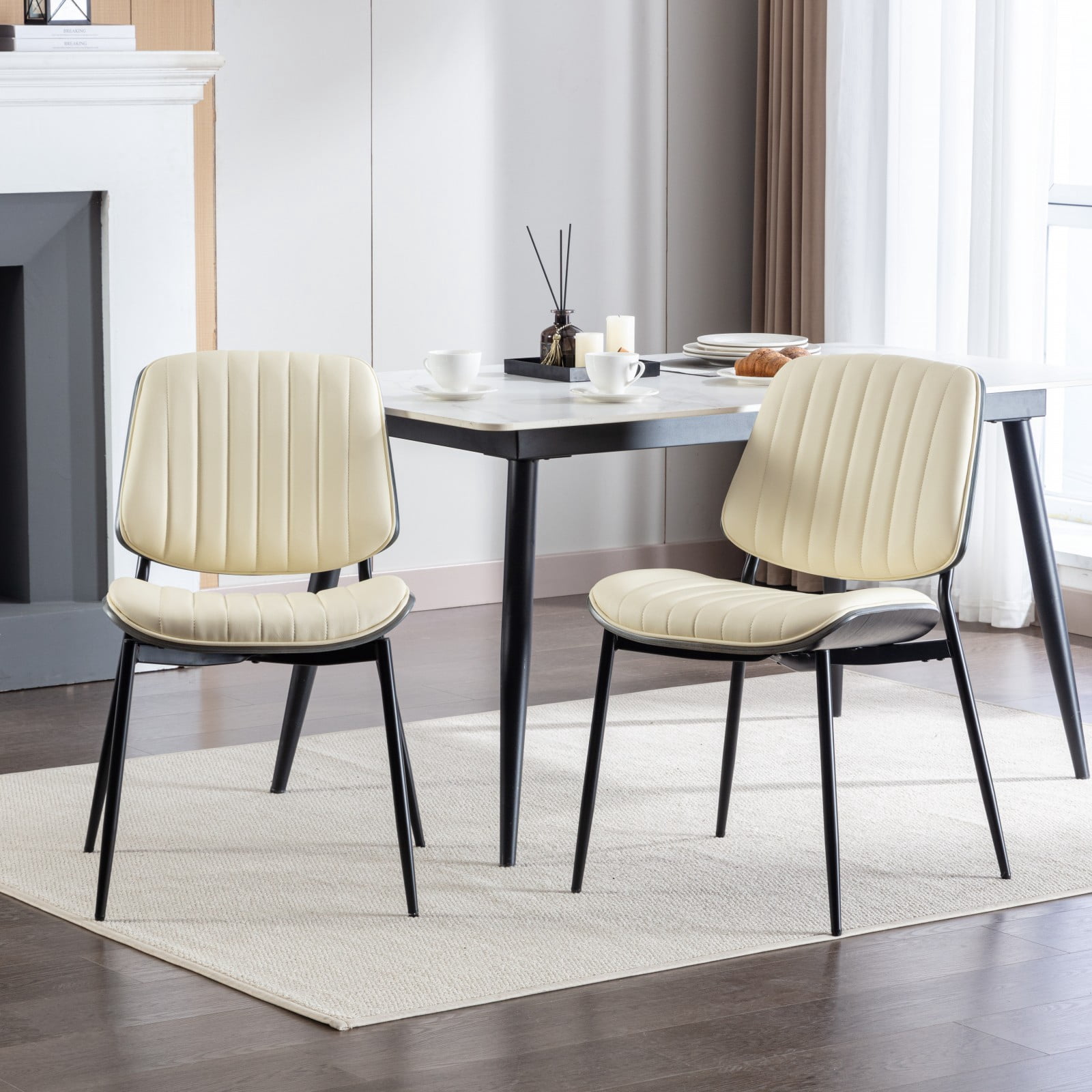 MAYEERTY Mid-Century Modern Dining Chairs - Faux Leather, Walnut Bentwood Back, Metal Legs, Adjustable Foot, Beige PU, Set of 2