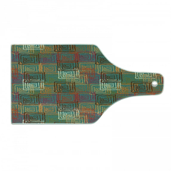 Geometric Cutting Board, Abstract Grunge Pattern with Folk Rainbow Ornament Squares Distressed Backdrop, Tempered Glass Cutting and Serving Board, Wine Bottle Shape, Multicolor, by Ambesonne