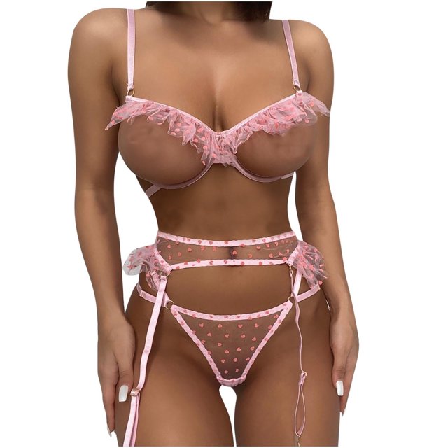 Conjunto de tres piezas de bikini con liga de encaje sexy rosa para mujer Conjunto de lencería sexy Fridja nalpqowj24561