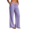 thumbnail image 5 of Lumtrix Cotton Linen Pants Women Wide Leg Casual Palazzo Beach Vacation Drawstring Low Rise Pockets Flowy Boho Spring Summer Trousers Purple S, 5 of 7