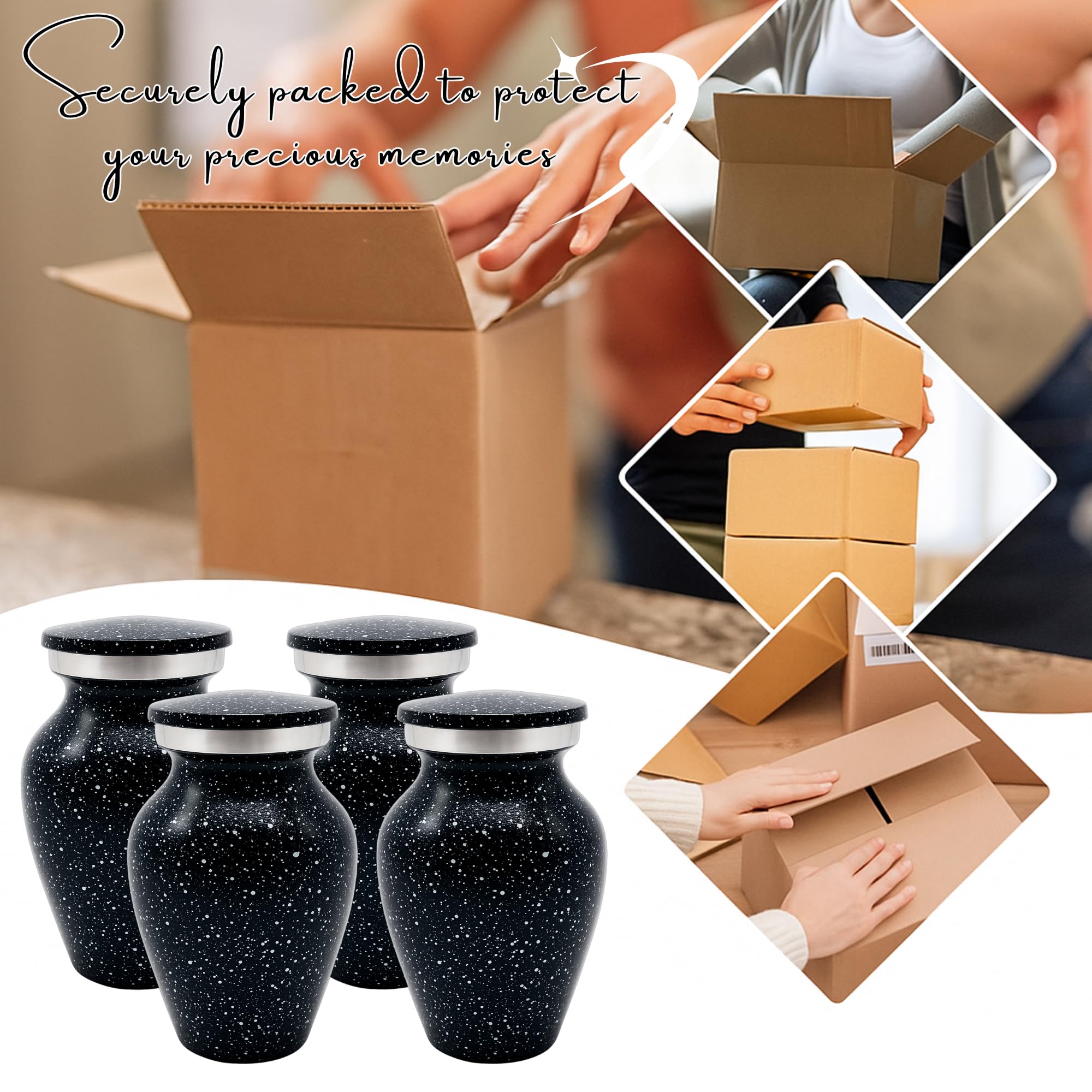 Nova Niche Urns Small Size Cremation Urn for Human Ashes, Mini Keepsake Set of 4 Black and White with Velvet Case