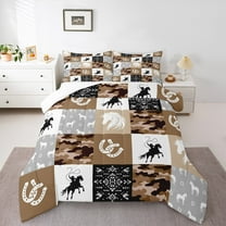 Manfei Southwestern Cowboy King Size Comforter Sets,Western Country Horse Bedding Comforter Set,Brown Gray White Bedding Set For Boys Children,Ultra Soft Home Decor,3-Piece